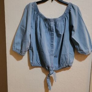 Chic Denim Blue Blouse with Tie Detail